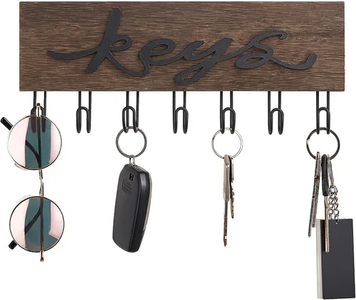 Vista 5 de Mkono Soporte para llaves de pared decorativo con 7 ganchos, organizador de llaves montado en la pared, ganchos para llaves colgantes de madera
