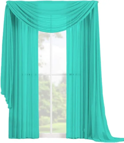 Vista 4 de Decotex Juego de 3 cortinas de gasa transparente para ventana, incluye 2 paneles y 1 bufanda a juego (120 pulgadas de largo, chocolate)