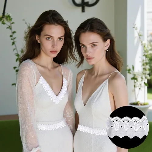 Vista 6 de Ribete de encaje de algodón de 15 yardas, cinta de encaje con ojales blancos, borde ondulado, bordados florales para coser vestidos, ropa, bolsas