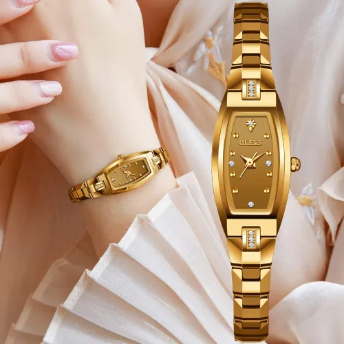 Vista 2 de OLEVS Reloj delgado para mujer correa de acero de tungsteno de oro rosa diseño Tonneau forma cuadrada con forma de diamante cuarzo para mujer reloj