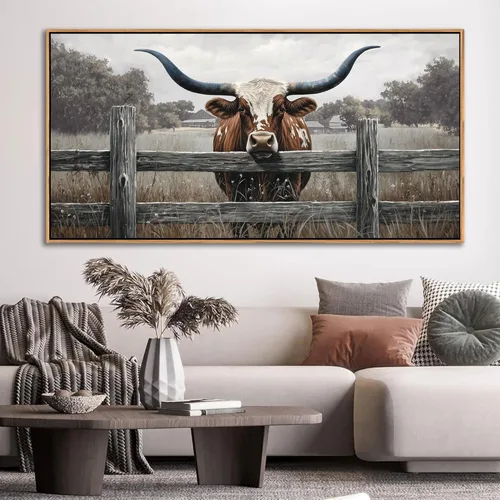 Vista 12 de AJAZIKO Arte de Pared de Vaca de las Tierras Altas - Decoración de Pared de Granja y Campo Rústico, Cuadros Grandes en Lienzo para Sala de Estar