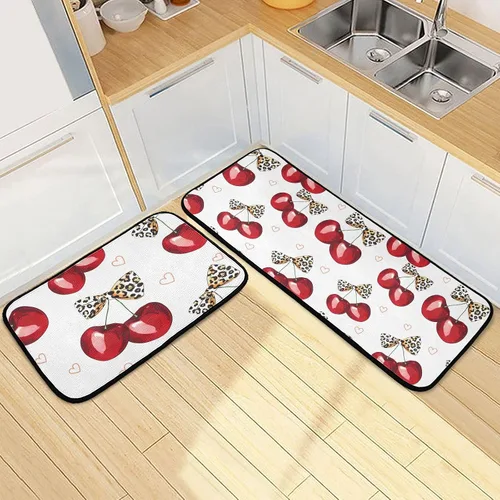 Vista 19 de Juego de 2 tapetes de cocina con rosas rojas, color rojo rosa, suave, antifatiga, juego de tapetes de cocina color negro con flores antideslizantes