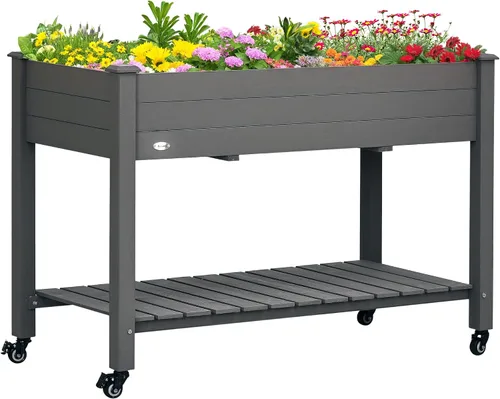Vista 11 de Outsunny Cama de jardín elevada de 41 pulgadas con enrejado sobre ruedas, maceta elevada de madera con patas y forro de cama, para flores, hierbas