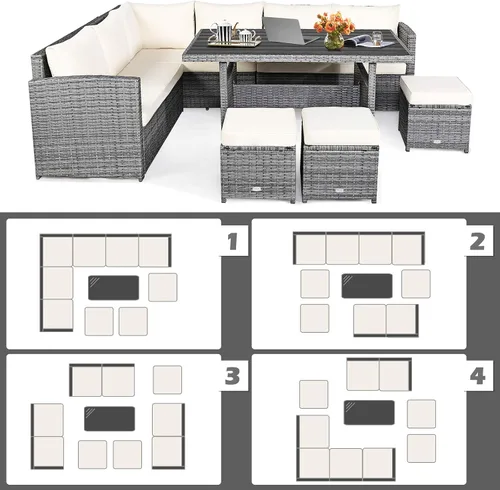 Vista 4 de HAPPYGRILL Juego de muebles de mimbre de ratán de 7 piezas, juego de muebles de patio al aire libre con cojines, juego de sofá de ratán con mesa