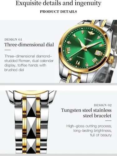 Vista 5 de OLEVS Relojes automáticos para mujer, de lujo, con diamantes de imitación, con cristales de zafiro, elegante, de acero de tungsteno, impermeable