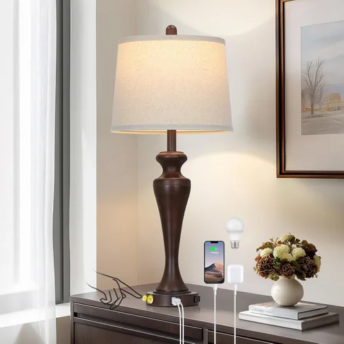 Vista 13 de Lámpara de mesa marrón oscuro de 30 pulgadas, lámpara de noche individual con control táctil de 3 vías con puertos USB A+C y salida de CA, lámparas