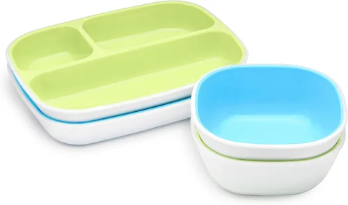 Vista 2 de Munchkin® Splash™ juego de vajilla para niños de 4 piezas con plato y tazón divididos, azul/verde