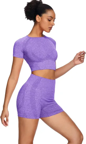 Vista 2 de Sytiz Conjunto de 2 piezas de yoga sin costuras para mujer, pantalones cortos de gimnasio y camiseta corta de manga corta