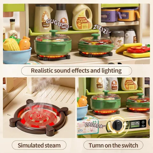 Vista 4 de Juego de cocina para niños de 33.8 pulgadas - 70 piezas con sonido y luz - Estufa de cocina con vapor, fregadero de juego y accesorios de cocina