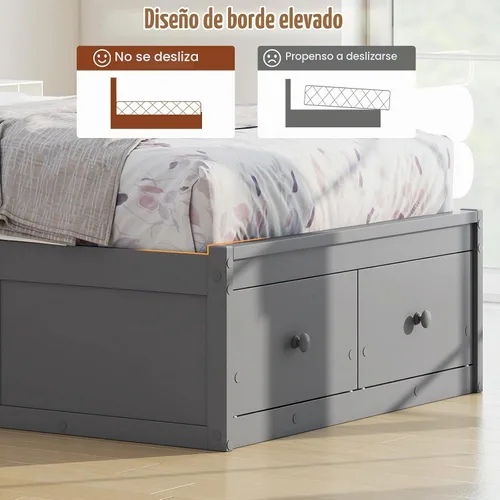 Vista 7 de KOMFOTT Cama individual con 2 cajones, cama de almacenamiento individual con soporte de listones sólidos, cabecera y estribo, marco de cama de Gris