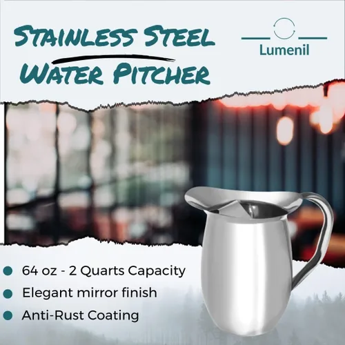 Vista 2 de Jarra de agua de acero inoxidable de plata lisa de 64 oz con protector de hielo, jarra de acero inoxidable para restaurantes.