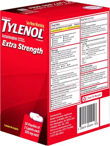 Vista 6 de Tylenol (R) Fuerza extra, dosis de 2 cápsulas, 100 cápsulas en total, 500 mg cada uno