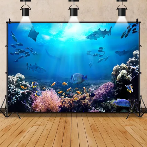 Vista 2 de AOFOTO Telón de fondo submarino de 5 x 3 pies para fotografía, acuario, fondos marinos, rocas, luces, coral y peces, escena tropical del océano bajo