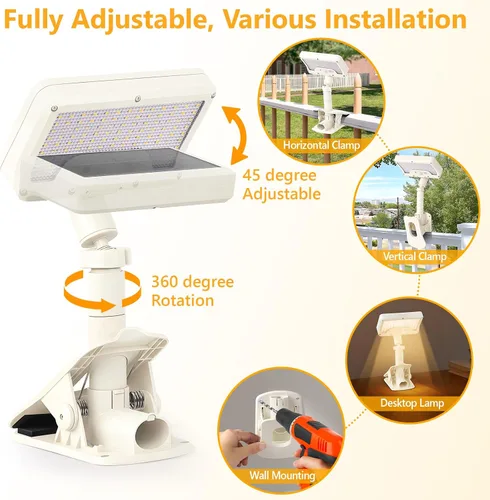 Vista 2 de Luces solares con clip para exteriores con sensor de movimiento, luces solares para vallas ajustables verticalmente y giratorias en 360° con 92 LEDs