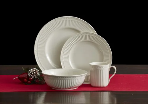 Vista 8 de Mikasa Italian Countryside - Juego de vajilla de 16 piezas, porcelana blanca clásica con bandas acanaladas, servicio para 4 platos llanos, platos
