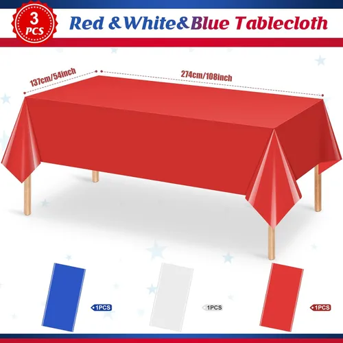 Vista 2 de 3 Pack 4th of July Tablecloths, Red White and Blue Disposable Plastic Tablecloth, Rectangle Table Cover for Independence Day Memorial Day Veterans