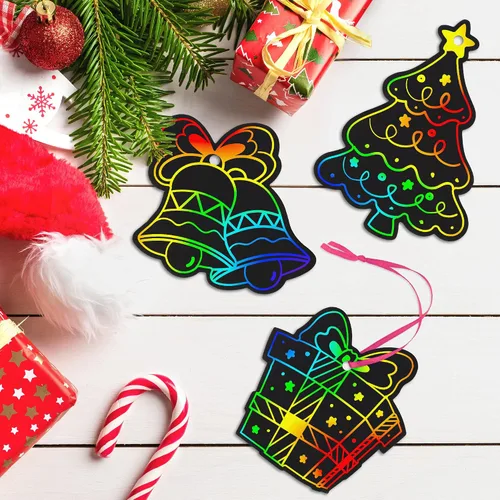 Vista 4 de Mocoosy 48 Piezas Adornos de Arte para Rascar de Navidad, Kit de Manualidades de Navidad a Granel para Rellenos de Calcetines de Niños, Tarjetas