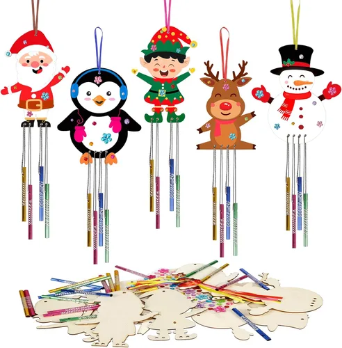 Vista 12 de Fennoral Paquete de 9 carillones de viento de ángel para niños, campanillas de viento de ángel, manualidades de madera para pintar para actividades