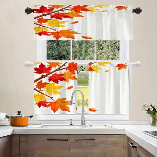 Vista 130 de Shrahala Orange Autumn Autumn Blackout Curtain Tiers, Fall Kitchen Valance Light Blocking Tier Drapes with Rod Pocket, 2 Pack 26 X 24 in