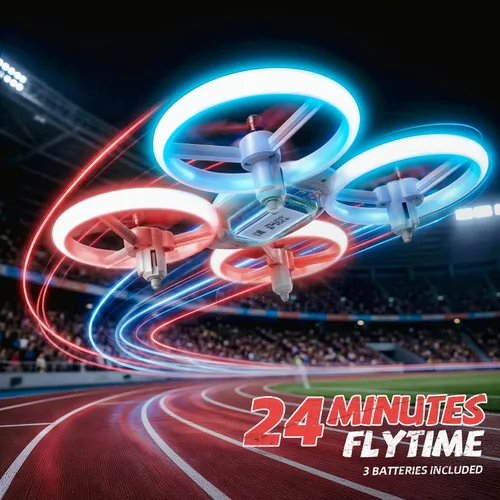 Vista 2 de Dron para niños y adultos, 3 baterías de tiempo de vuelo de 24 minutos, cuadricóptero RC anticolisión con luz LED, retención de altitud, regalos