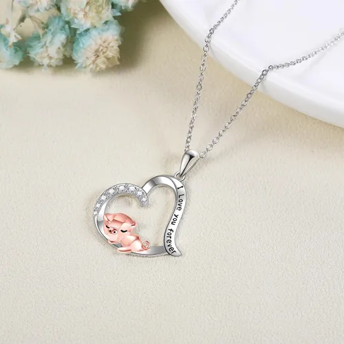 Vista 3 de Collar de zorrocerdoperezoso de plata de ley 925 con colgante de corazón de animal, joyería de animales, regalos para mujeres