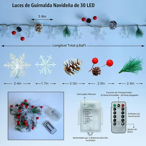 Vista 4 de Guirnalda de Navidad de 30 LED de 10 pies con Luces de Copos de Nieve, Piñas, Bayas Rojas, Luces de Hadas Operadas por Batería con 8 Modos