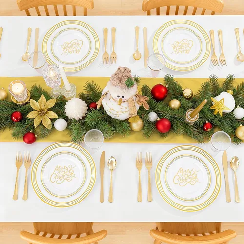 Vista 8 de LIYH 150Pcs Christmas Disposable Plastic Dinnerware Set, White Plates with Gold Line Printed, MERRY CHRISTMAS Pattern, Golden Cutlery, 9oz