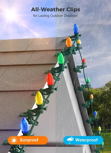 Vista 3 de Clips de primavera para luces navideñas C7 C9, 25 unidades de clips de primavera rápidos para luces navideñas, clips para tejas y canalones a prueba