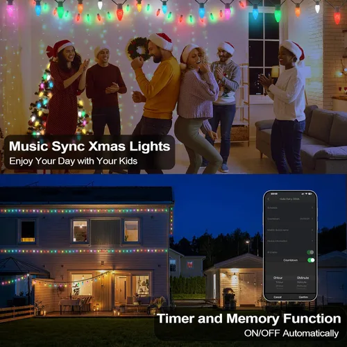 Vista 5 de Luces de Navidad para exteriores C9 de 66 pies, 100 LED, control remoto con aplicación inteligente, luces RGB enchufables, luces de Navidad