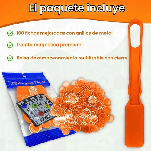 Vista 2 de MR CHIPS Varitas magnéticas fabricadas en Estados Unidos y chips de plástico de 3/4 pulgadas con anillos de metal, 100 piezas, bolsa de Naranja