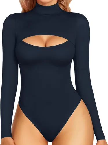 Vista 12 de MANGOPOP - Body de cuello alto con recorte frontal para mujer, manga larga, sin mangas, cuello de tortuga, trajes sexys 01 Manga larga negra