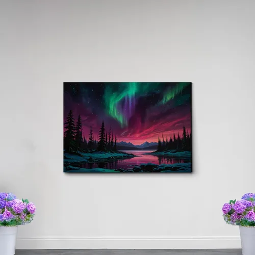 Vista 4 de Aurora Borealis, Northern Lights Art, framed canvas print, snow capped mountain landscape art, synthwave vaporwave, Art Decor, Wall