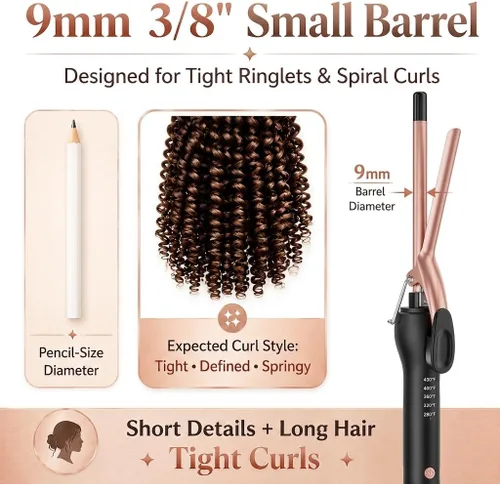 Vista 2 de Varita rizadora pequeña de 3/8 pulgadas para cabello corto y largo, rizador de cerámica de 0.354 in para rizos apretados, varita rizadora delgada