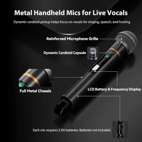 Vista 5 de Gimkuls Sistema de micrófono profesional inalámbrico, micrófono dinámico inalámbrico de mano, doble UHF de 200 canales, micrófonos de metal de 328