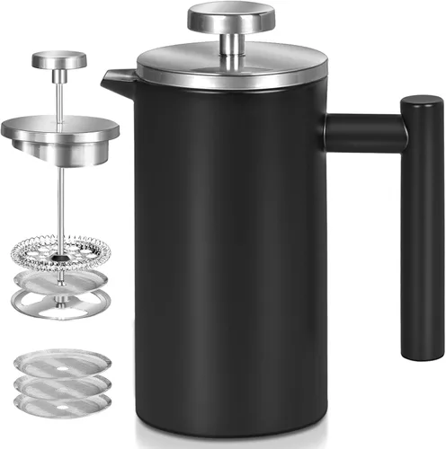 Vista 9 de Cafetera de Prensa Francesa de Acero Inoxidable Negro, Prensa Francesa Aislada de Doble Pared, para Café y Té, con 3 Pantallas Extra y una Cuchara