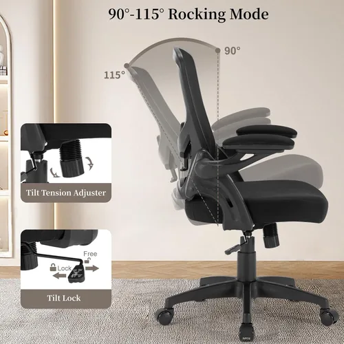 Vista 5 de Silla de oficina ergonómica, cómoda silla de escritorio con brazos abatibles, silla de computadora de malla con soporte lumbar ajustable, sillas