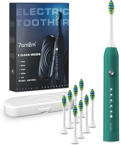 Vista 14 de 7AM2M Cepillo de dientes eléctrico sónico para adultos y niños, con 8 cabezales de cepillo y estuche de viaje, 5 modos con temporizador inteligente