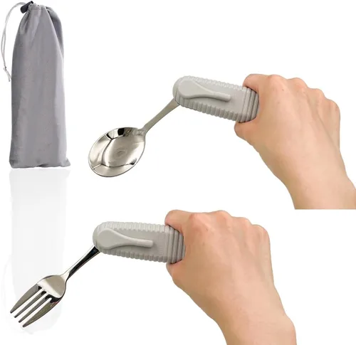 Vista 3 de Pekokavo Juego de utensilios adaptativos, cubiertos de ángulo ajustable para la artritis para Parkinson, temblores de manos, con mango