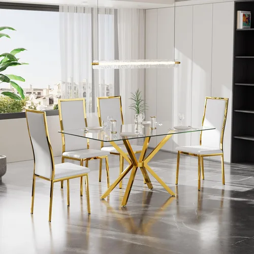 Vista 18 de Juego de 4 mesas de comedor de cristal negro, mesa de cocina minimalista moderna de 47 pulgadas con 4 sillas de comedor clásicas negras y plateadas