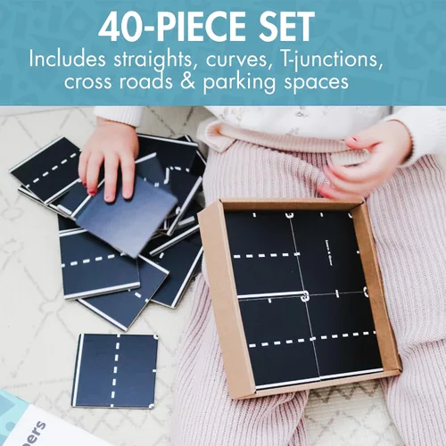 Vista 4 de Learn & Grow Paquete de Expansión de Azulejos Magnéticos de Carretera - Set de 40 Piezas de Complementos de Carretera para Autos, Aprendizaje STEM