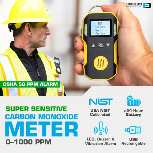 Vista 2 de Medidor de CO de monóxido de carbono de Forensics Calibración NIST de EE. UU. A prueba de polvo y explosiones Recarga USB Alarmas de sonido