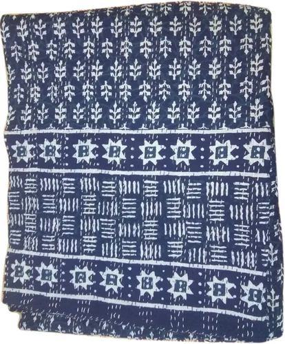 Vista 5 de crafts creation Colcha Kantha de tamaño Queen Indigo azul vintage hecho a mano con estampado índigo Kantha