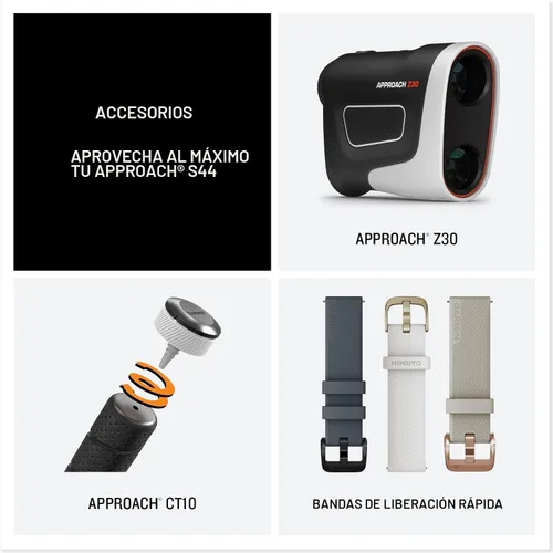 Vista 6 de Garmin Approach® S44, reloj inteligente GPS esencial para golf, pantalla AMOLED, funciones en el campo, bisel de aluminio plateado con banda