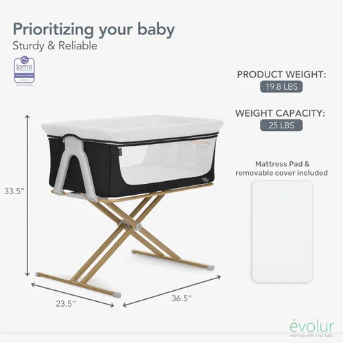 Vista 4 de Evolur Orabelle Moisés de noche – Moisés de viaje ajustable, plegable y ligero para bebé 5-Level Height Adjustable, Breathable Mesh & Plush