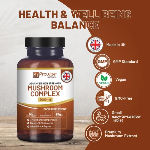 Vista 4 de Complejo avanzado de hongos de 2000 mg Una súper mezcla de 6 hongos con melena de león, chaga, cordyceps, shiitake, reishi y maitake con pimienta