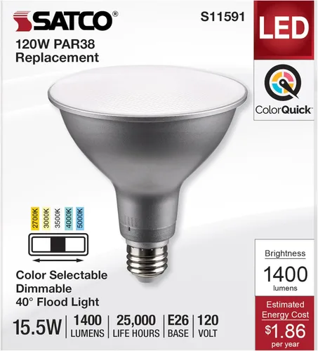 Vista 3 de Satco S11591; LED PAR38 de 15.5 vatios; base media; acabado plateado; CCT seleccionable; 120 voltios; ángulo de haz de 40 grados