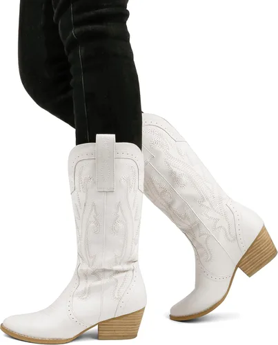 Vista 4 de MERUMOTE Botas de tobillo cortas de vaquero occidental para mujer, zapatos bordados, botas de invierno
