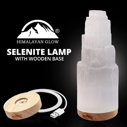 Vista 2 de Himalayan Glow Lámpara de cristal selenita de 7.9 in, grande, curvada a mano, con base de madera (certificado ETL) y cable de carga USB