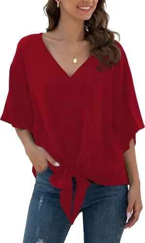 Vista 40 de VIISHOW Womens Tie Front Chiffon Blouses V Neck Batwing Short Sleeve Summer Tops Shirts Albaricoque