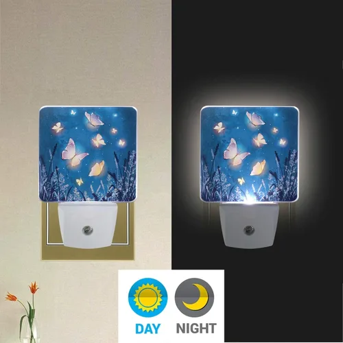 Vista 2 de Juego de 2 luces nocturnas de mariposa mágica, con diseño de mariposas, estrellas, enchufables, luces nocturnas LED automáticas, lámpara con sensor